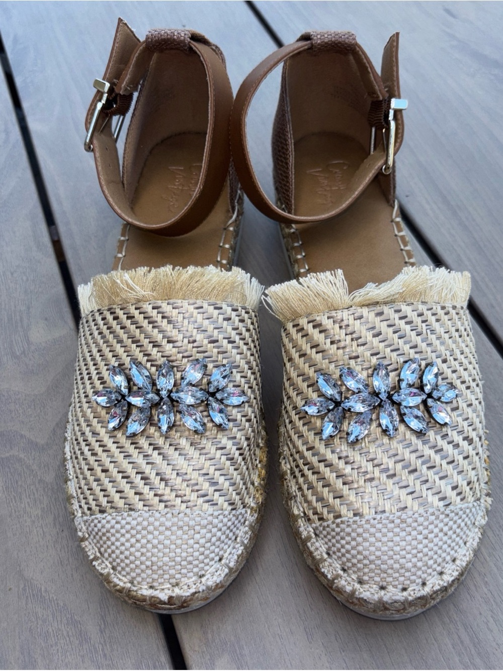 Crown Vintage Tan Raffia Espadrilles with Crystal Cluster